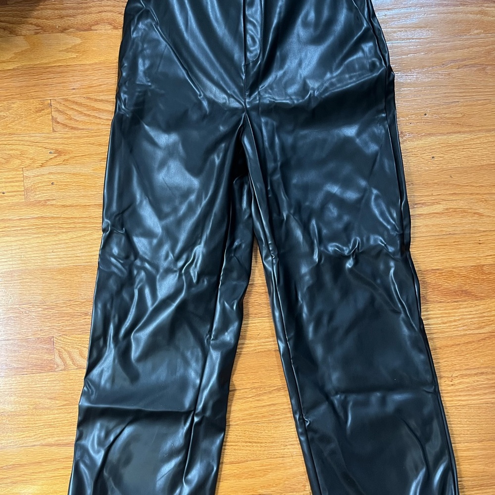 Black Straight Leg Pants with Shiny Texture and Full Length